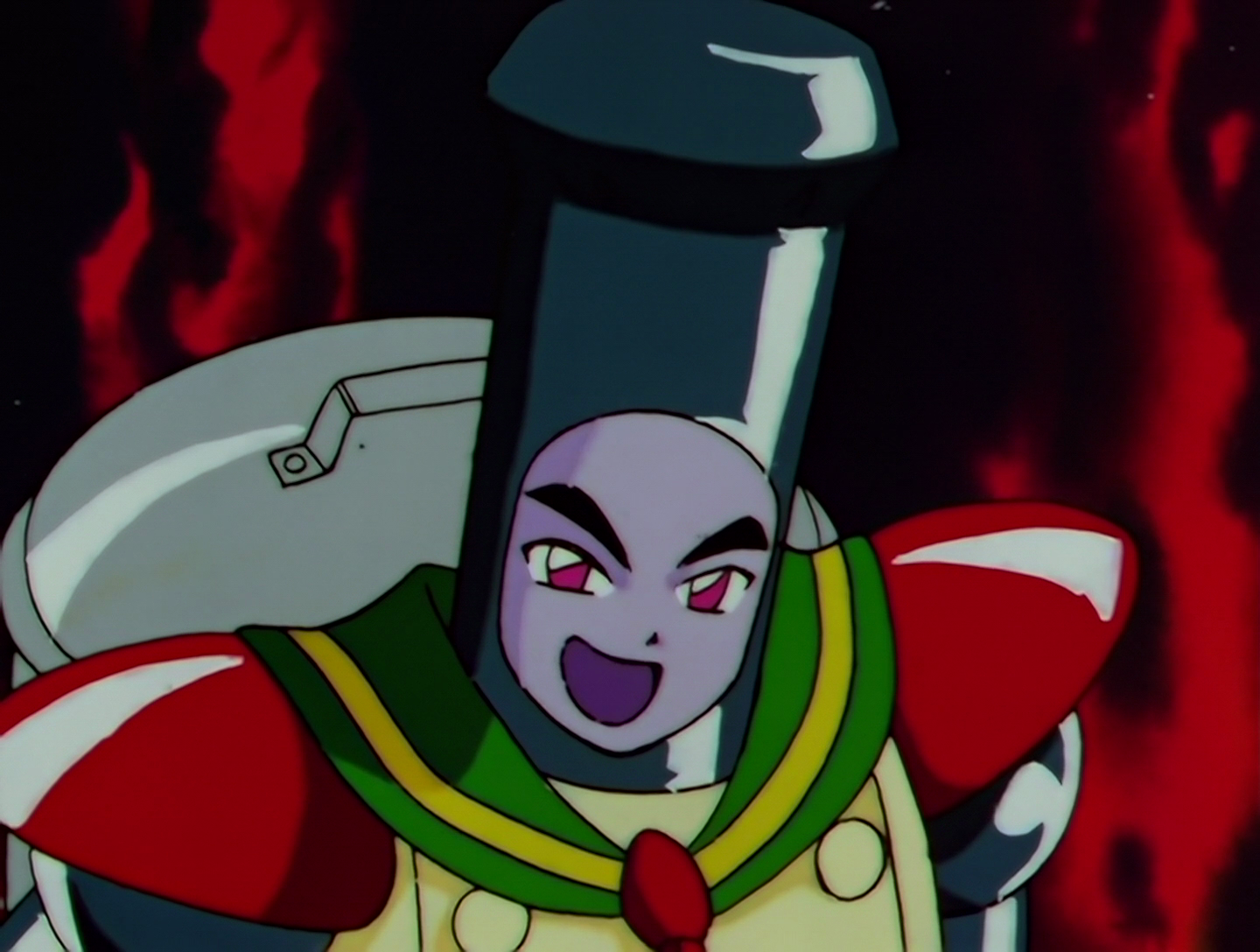 Sailor Chef, a Phage from Sailor Moon episode 179. His head is dark gray and shaped like the neck of a bottle, and his face is lilac colored. He has a green sailor collar and red shoulder coverings. He has a large metal pot strapped to his back.